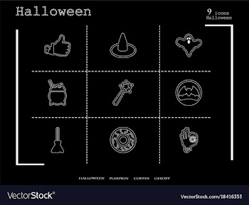 Collection of 9 halloween icons in thin line style vector image