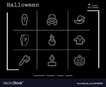Collection of 9 halloween icons in thin line style vector image