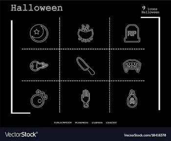 Collection of 9 halloween icons in thin line style vector image