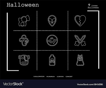 Collection of 9 halloween icons in thin line style vector image