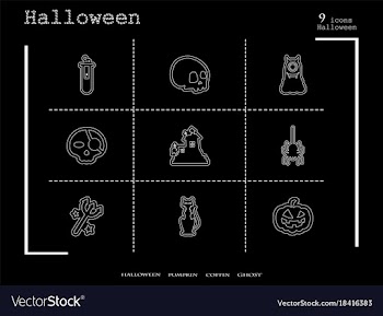 Collection of 9 halloween icons in thin line style vector image