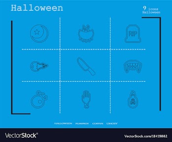 Collection of 9 halloween icons in thin line style vector image