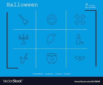 Collection of 9 halloween icons in thin line style vector image