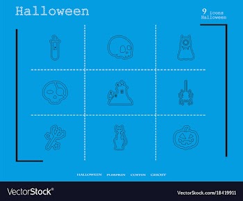 Collection of 9 halloween icons in thin line style vector image