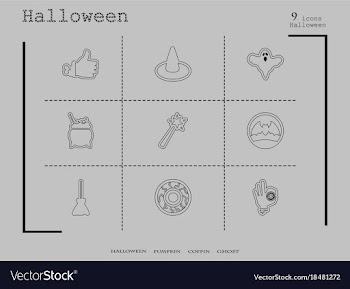 Collection of 9 halloween icons in thin line style vector image