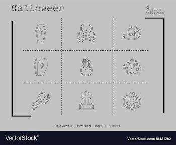 Collection of 9 halloween icons in thin line style vector image