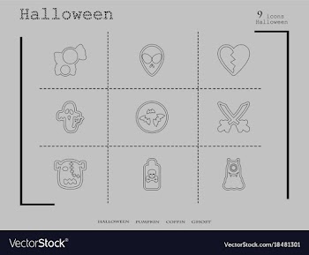 Collection of 9 halloween icons in thin line style vector image