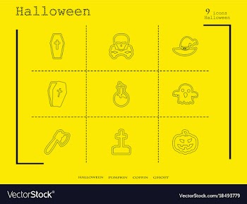 Collection of 9 halloween icons in thin line style vector image