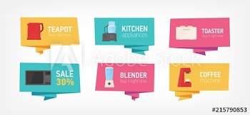 Collection of banners with kitchen utensils and household appliances isolated on white background