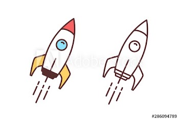 Collection of colorful and monochrome drawings of flying spaceship, spacecraft or shuttle