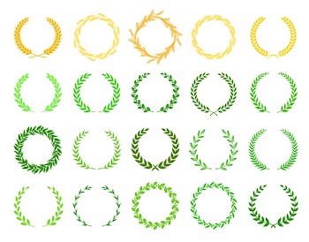 Collection of different  silhouette circular laurel foliate, wheat and oak wreaths depicting an award, achievement, heraldry, nobility. Vector illustration.