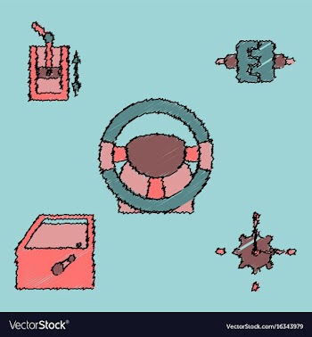 Collection of icons and car parts in hatching vector image