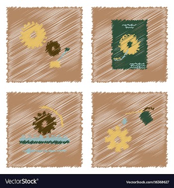Collection of icons and car parts in hatching vector image