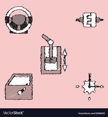 Collection of icons and car parts in hatching vector image