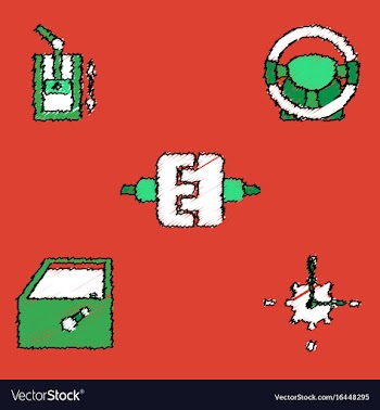 Collection of icons and car parts in hatching vector image