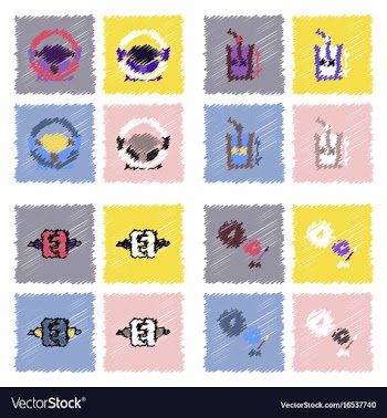 Collection of icons and car parts in hatching vector image