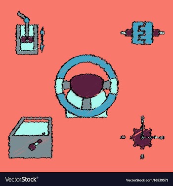 Collection of icons and car parts in hatching vector image