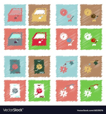 Collection of icons and car parts in hatching vector image