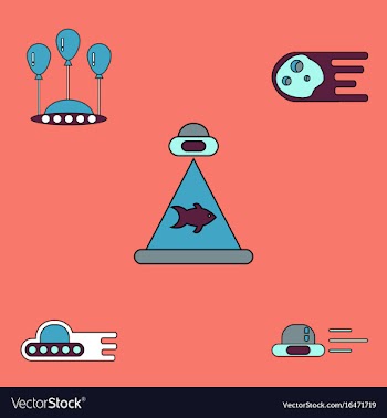 Collection of icons and space saucers and planets vector image