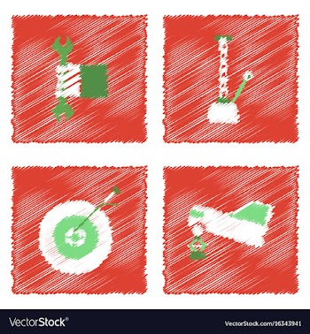Collection of icons and vehicle parts in hatching vector image