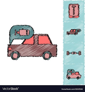Collection of icons and vehicle parts in hatching vector image
