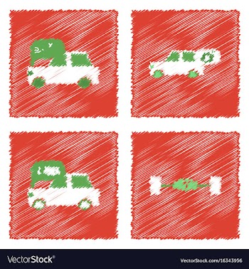 Collection of icons and vehicle parts in hatching vector image
