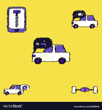 Collection of icons and vehicle parts in hatching vector image