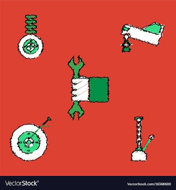 Collection of icons and vehicle parts in hatching vector image