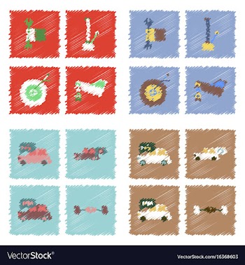 Collection of icons and vehicle parts in hatching vector image