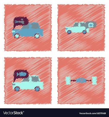 Collection of icons and vehicle parts in hatching vector image