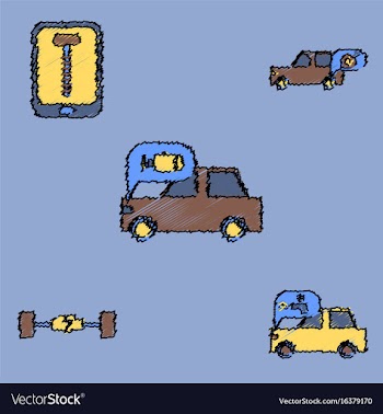 Collection of icons and vehicle parts in hatching vector image