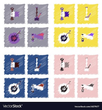 Collection of icons and vehicle parts in hatching vector image