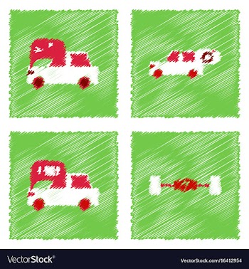 Collection of icons and vehicle parts in hatching vector image