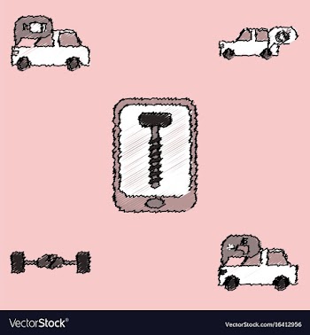 Collection of icons and vehicle parts in hatching vector image