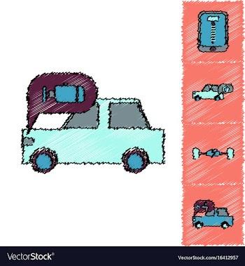 Collection of icons and vehicle parts in hatching vector image