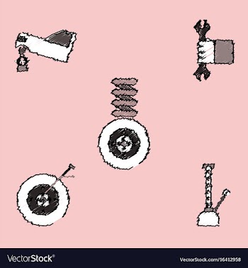 Collection of icons and vehicle parts in hatching vector image