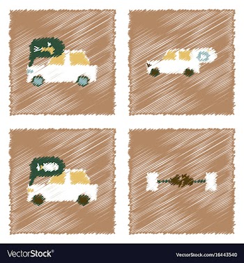 Collection of icons and vehicle parts in hatching vector image