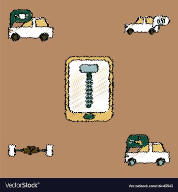 Collection of icons and vehicle parts in hatching vector image