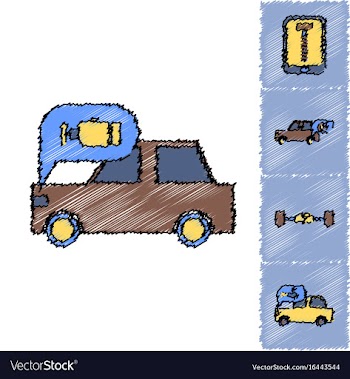 Collection of icons and vehicle parts in hatching vector image