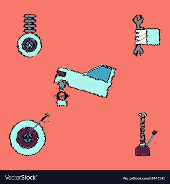 Collection of icons and vehicle parts in hatching vector image