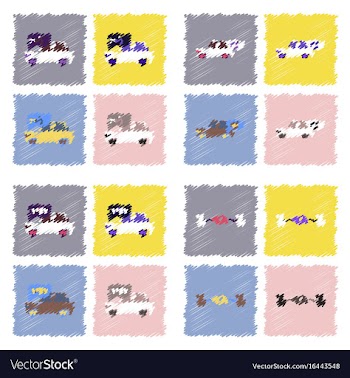 Collection of icons and vehicle parts in hatching vector image