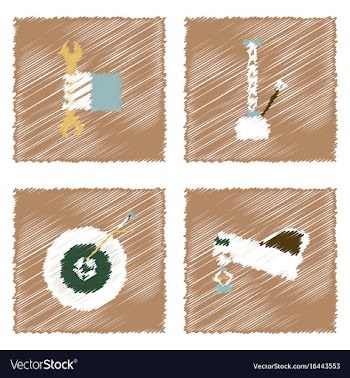 Collection of icons and vehicle parts in hatching vector image