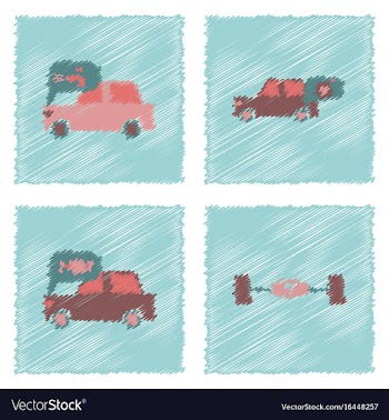 Collection of icons and vehicle parts in hatching vector image
