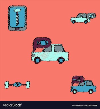 Collection of icons and vehicle parts in hatching vector image