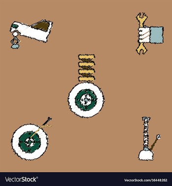 Collection of icons and vehicle parts in hatching vector image
