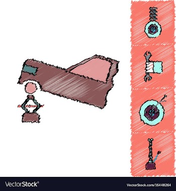 Collection of icons and vehicle parts in hatching vector image