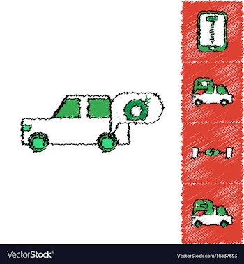 Collection of icons and vehicle parts in hatching vector image