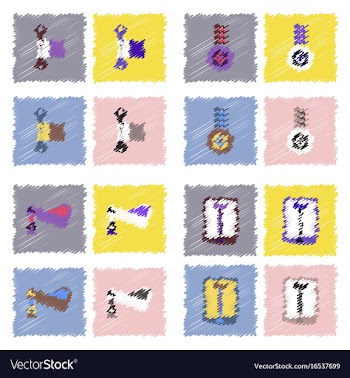 Collection of icons and vehicle parts in hatching vector image