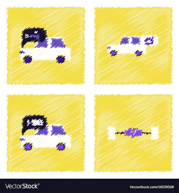 Collection of icons and vehicle parts in hatching vector image