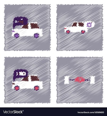 Collection of icons and vehicle parts in hatching vector image